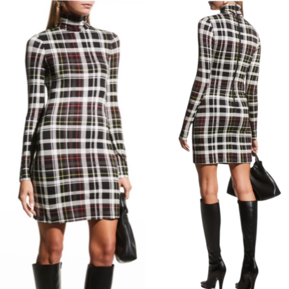 Alice + Olivia Delora Black Plaid Print Turtleneck Knit Bodycon Mini Dress - 8